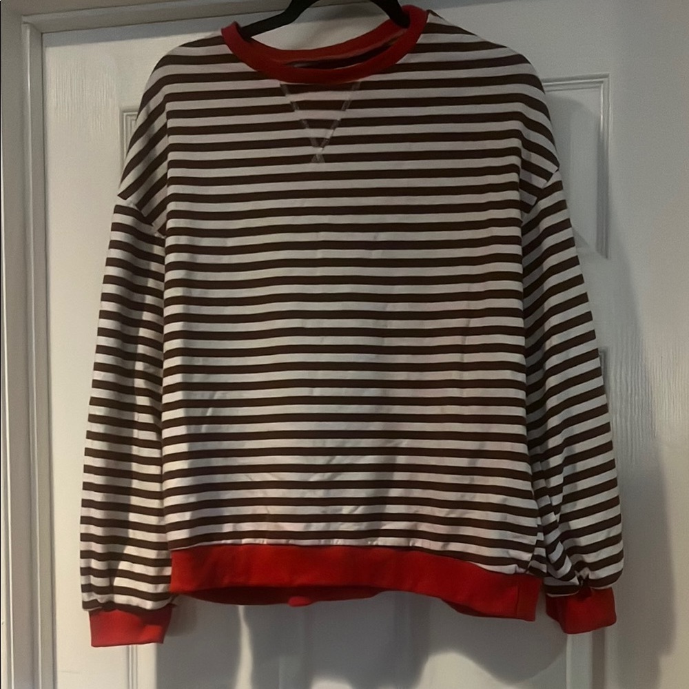 Striped Brown and White Sweater with Red Accents